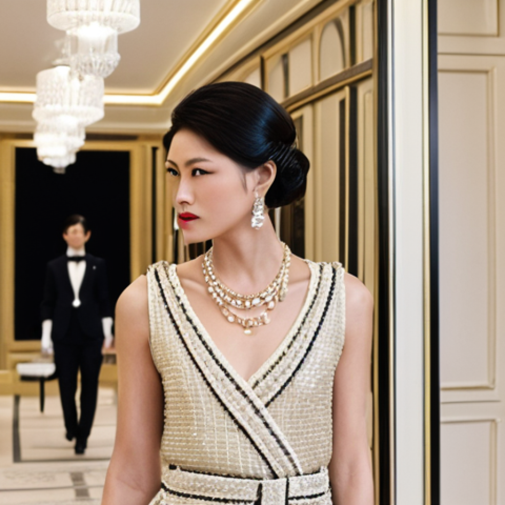 **

*   **Prompt:** Elegant woman in a Chanel boutique in Monaco. Focus on luxurious details, exquisite fashion, and premium service. Thai elements subtly incorporated in the background.

**