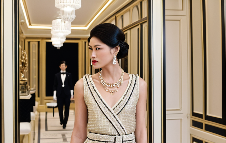 **

*   **Prompt:** Elegant woman in a Chanel boutique in Monaco. Focus on luxurious details, exquisite fashion, and premium service. Thai elements subtly incorporated in the background.

**